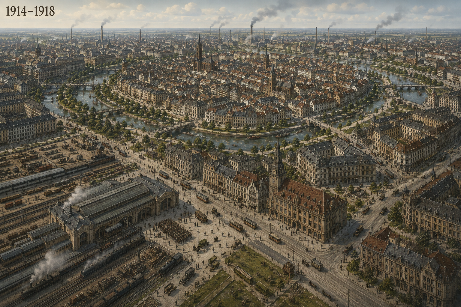 Rekonstrukcja Wrocławia w latach 1914–1918 z Dworcem Głównym, koleją, tramwajami i transportami wojskowymi