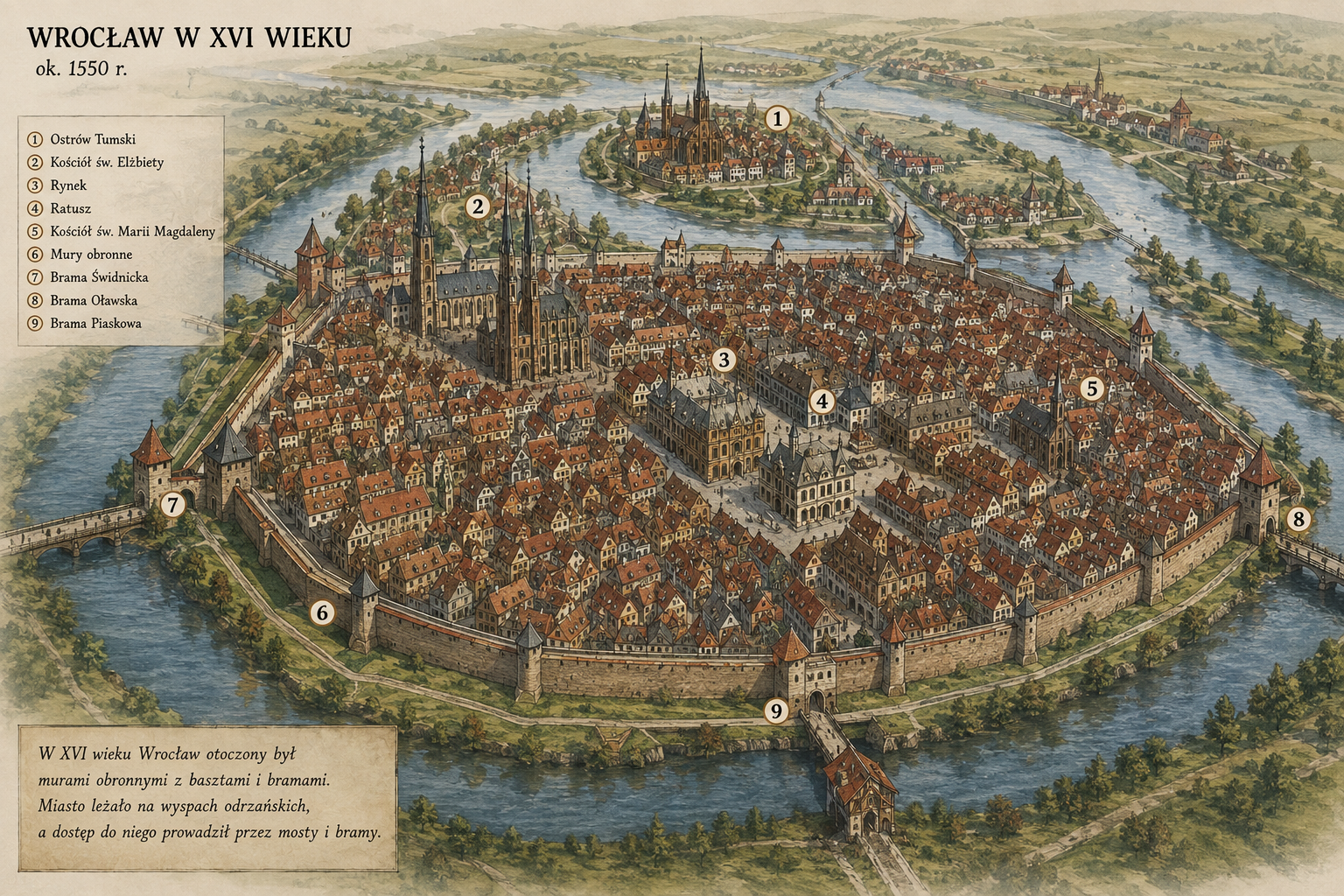 Rekonstrukcja Wrocławia w XVI wieku, otoczonego murami, z Ostrowem Tumskim, Rynkiem i bramami miejskimi